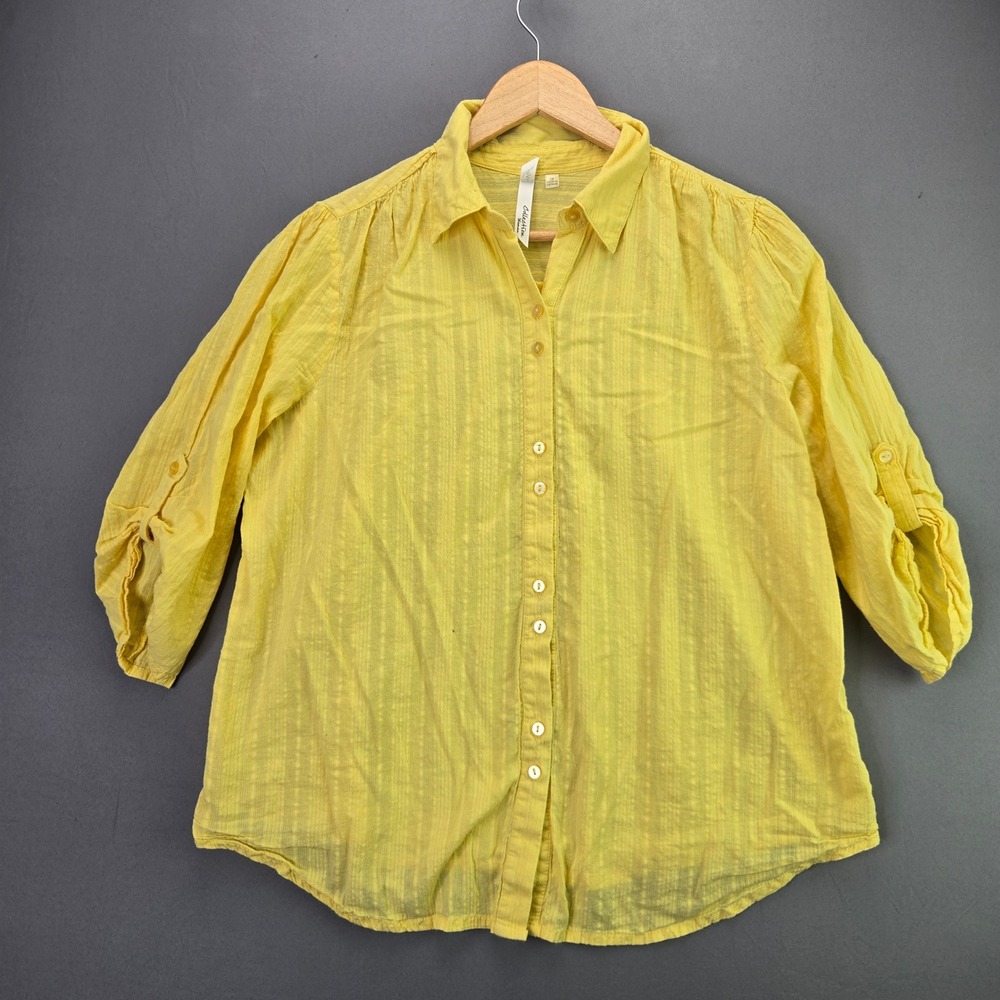 NY Collection Woman Button Up Blouse 1X Yellow Cotton 3/4 Sleeve Textured 3830
